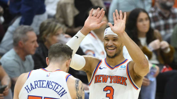 Mar 3, 2024; Cleveland, Ohio, USA; New York Knicks guard Josh Hart (3) and center Isaiah Hartenstein (55) celebrate a win over the Cleveland Cavaliers at Rocket Mortgage FieldHouse. Mandatory Credit: David Richard-USA TODAY Sports